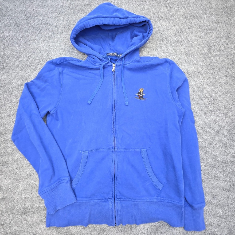 Ralph Lauren Polo Blue Zip Up Jacket M Embroidered Ski Bear Logo Fleece Jumper